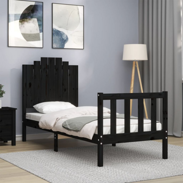 Estrutura de cama individual com cabeçalho de madeira maciça preta D