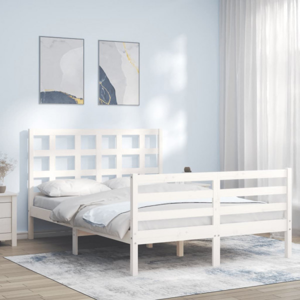 Estrutura de cama com cabeceira de madeira maciça branca 140x200 cm D