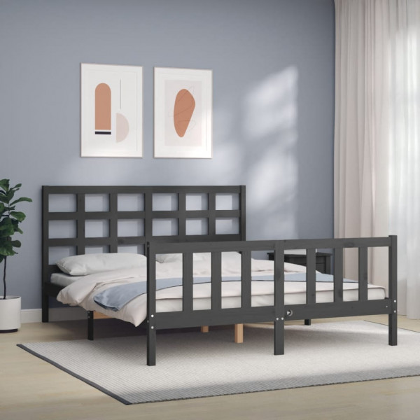 Estrutura de cama casamento com cabeçalho de madeira maciça cinza D