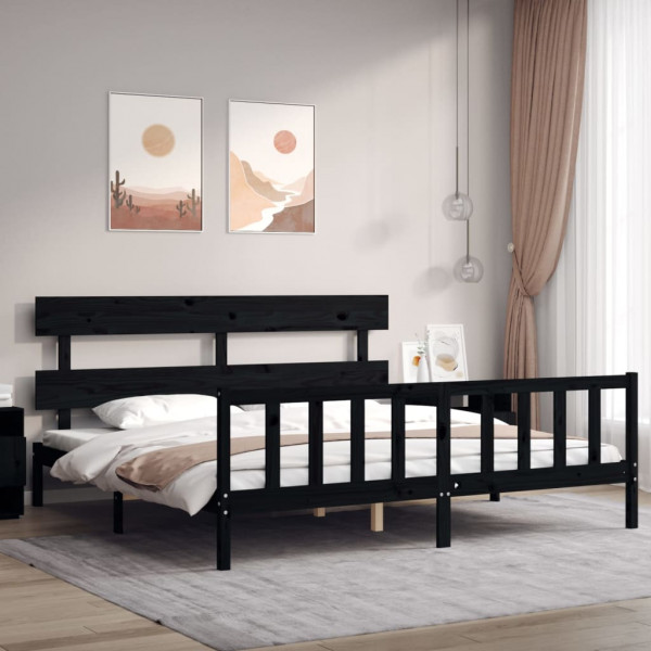 Estrutura de cama de casal com cabeceira em madeira maciça preta D