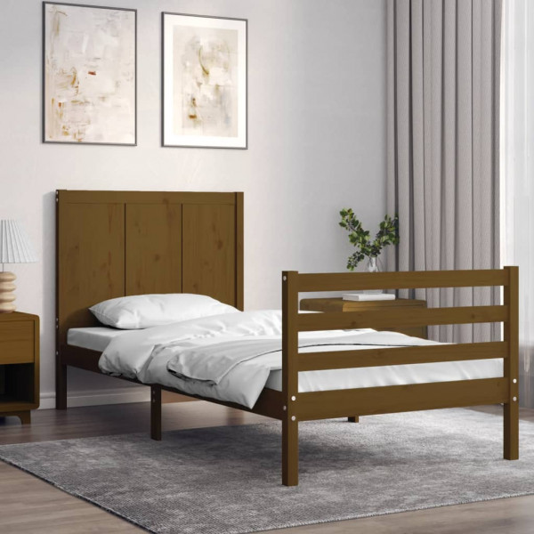 Estrutura cama com cabeçalho madeira maciça marrom mel 90x200cm D