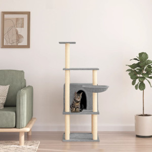Rascador para gatos con postes de sisal gris claro 132 cm D