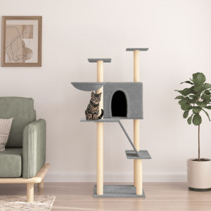 Rascador para gatos con postes de sisal gris claro 143 cm D
