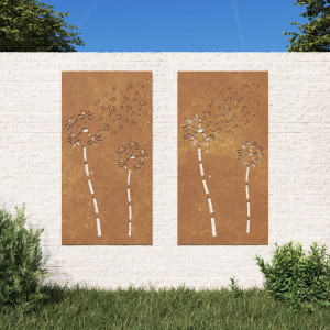 Adorno pared jardín 2 uds acero corten diseño flores 105x55 cm D