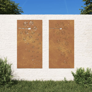 Adorno pared jardín 2 uds acero corten diseño flores 105x55 cm D