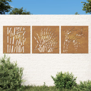 Adorno pared jardín 3 uds acero corten diseño hierba 55x55 cm D