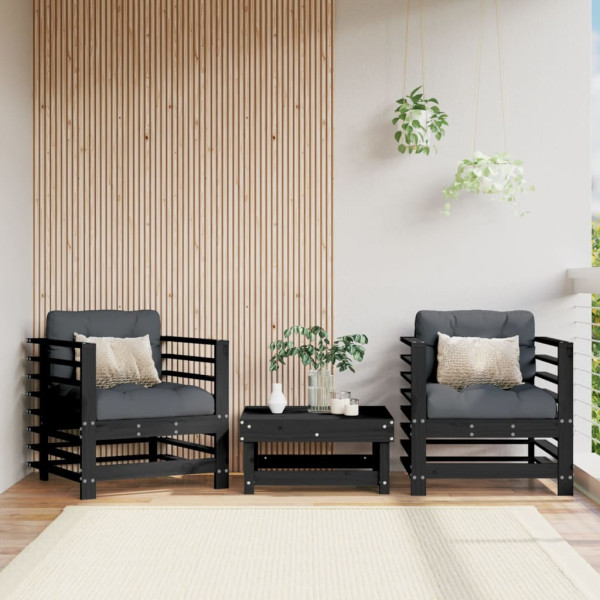 Sillones de jardín con cojines 2 uds madera maciza pino negro D