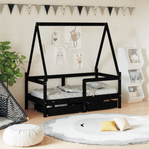 Estructura de cama niños con cajones madera pino negro 70x140cm D