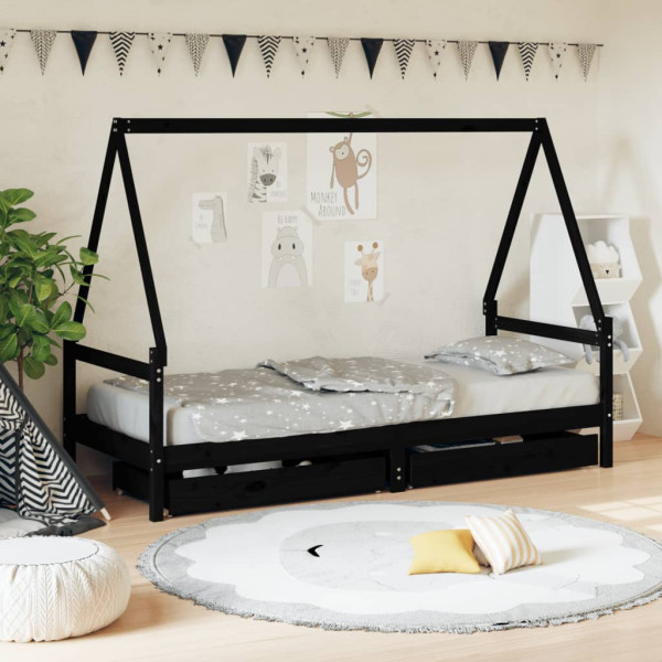 Estructura cama infantil y cajones madera pino negro 90x190 cm