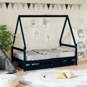 Estrutura cama infantil e gavetas madeira pinho preto 80x160 cm D