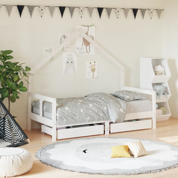 Estrutura cama infantil e gavetas madeira pinho branco 80x160 cm D