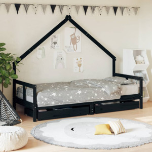 Estructura de cama niños con cajones madera pino negro 80x200cm D