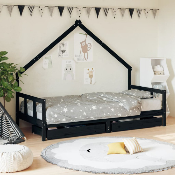 Estrutura cama infantil e gavetas madeira pinho preto 90x190 cm D