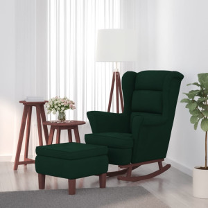 Sillón mecedora patas madera y taburete terciopelo verde oscuro D