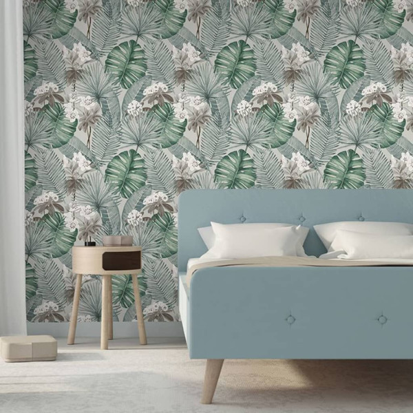 DUTCH WALLCOVERINGS Papel de parede Eden cinza e verde claro D