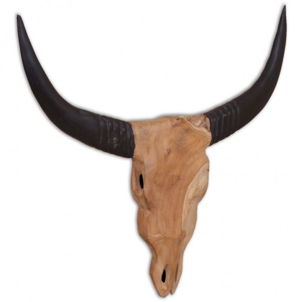 Escultura de cráneo de toro de teca para pared 69x6x60 cm D