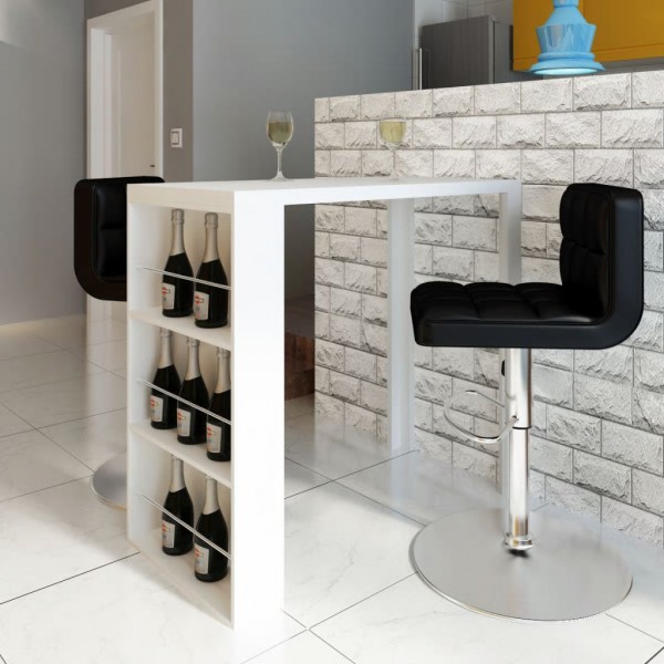 Mesa alta de cocina con estantes para botellas blanca brillante D