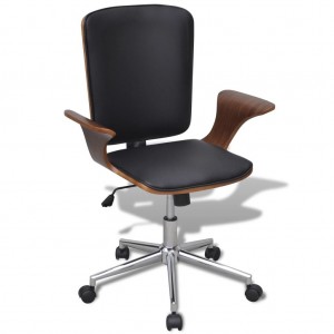 Cadeira de escritório giratória de madeira curva e de couro artificial D