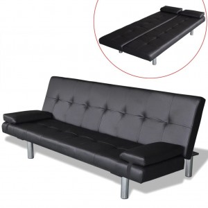 Sofá cama con dos almohadas ajustable cuero artificial negro D