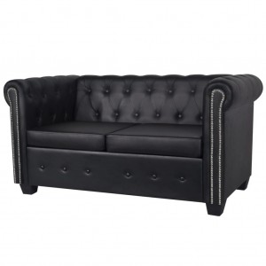 Sofá Chesterfield de 2 lugares em couro artificial preto H