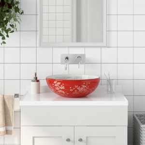 Lavabo sobre encimera redondo cerámica blanco y rojo Φ41x14 cm D