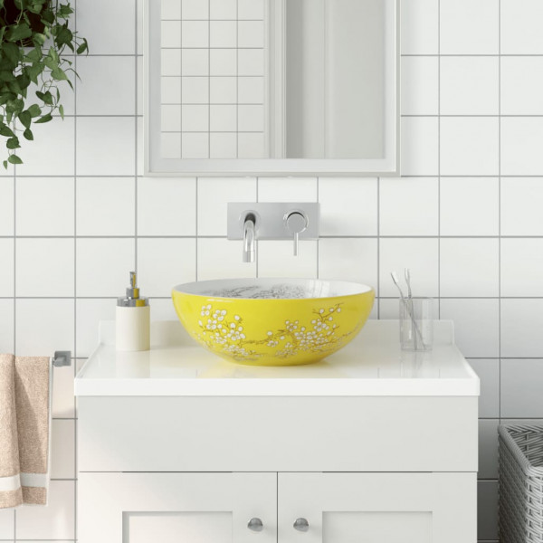 Lavabo sobre encimera redondo cerámica blanco amarillo Φ41x14cm D