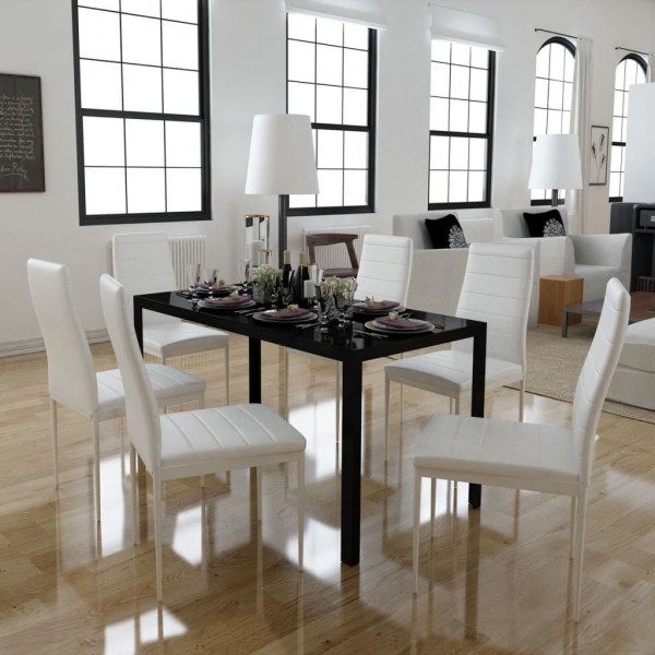 Conjunto de mesa de comedor 7 piezas blanco y negro D