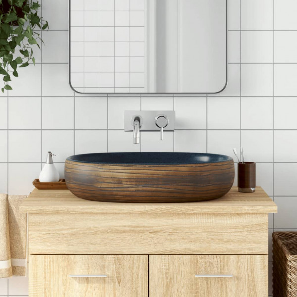 Lavabo sobre banheiro cerâmica oval marrom e azul 59x40x14cm D