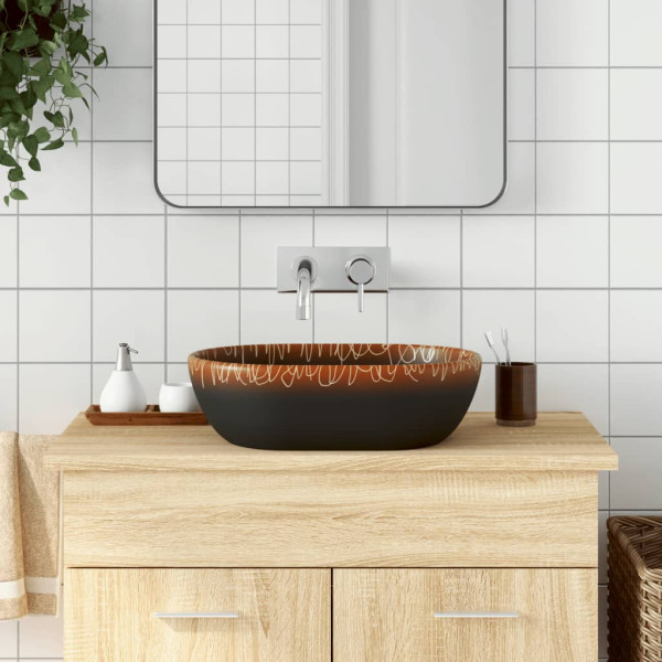 Lavabo sobre banheiro cerâmica oval preto laranja 47x33x13cm D