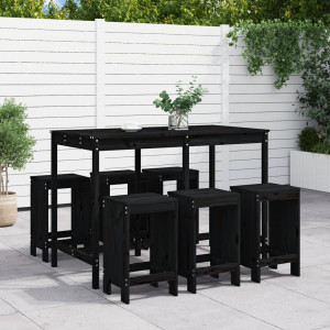 Set de mesa y taburetes altos jardín 7 piezas madera pino negro D