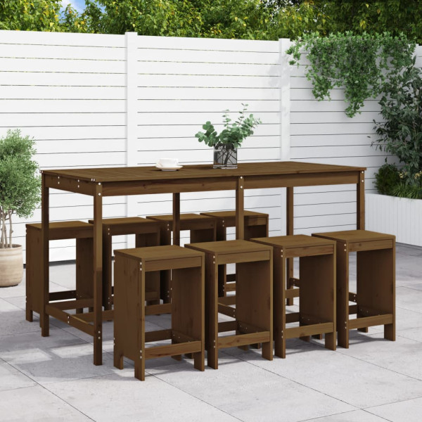 Mesa de jardim e bancos altos 9 peças em madeira de pinho castanho mel D