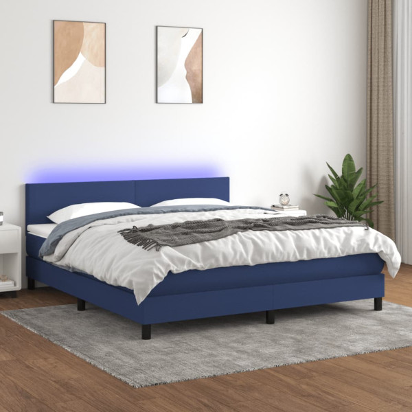 Cama box spring con colchón y LED tela azul 160x200 cm D