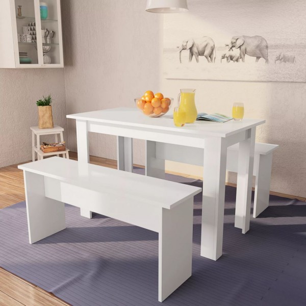 Mesa de comedor y bancos 3 piezas madera contrachapada blanca D