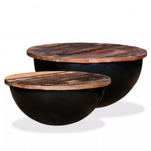 Conjunto de 2 mesas de centro em madeira reciclada preta em forma de tigela D