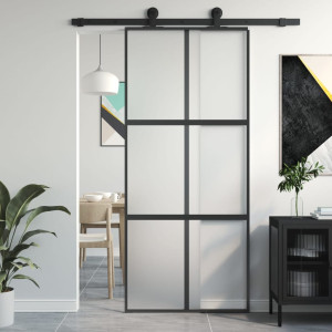 Puerta corredera vidrio templado y aluminio negra 90x205 cm D