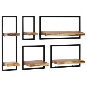Conjunto estantes pared 5 piezas madera maciza acacia y acero D