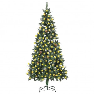 Árbol de Navidad artificial iluminado con luces y piñas 210 cm D