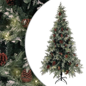 Árbol de Navidad con luces y piñas PVC PE verde y blanco 225 cm D