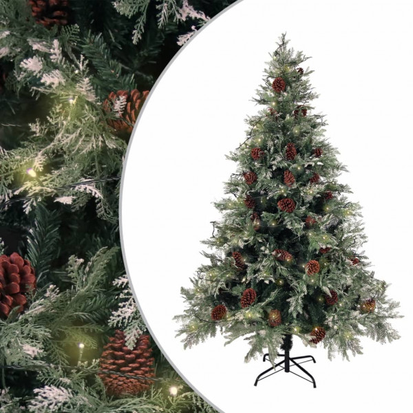 Árbol de Navidad con luces y piñas PVC PE verde y blanco 150 cm D