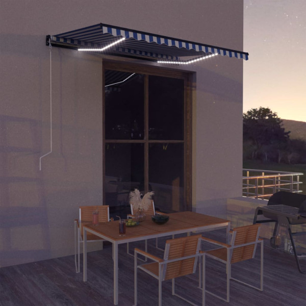 Toldo con LED y sensor de viento azul y blanco 350x250 cm D