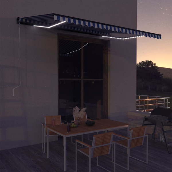 Toldo com LED e sensor de vento azul e branco 450x300 cm D