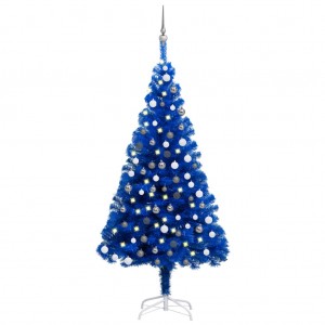 Árbol de Navidad preiluminado con luces y bolas azul 120 cm D