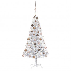 Árbol de Navidad preiluminado con luces y bolas plateado 120 cm D