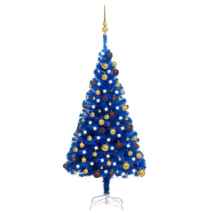 Árbol de Navidad preiluminado con luces y bolas azul 120 cm D