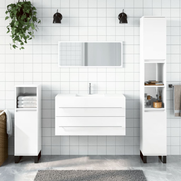 Armário de banheiro de madeira projetada branco brilhante com espelho D