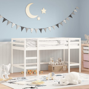 Cama alta infantil escada madeira maciça pinho branco 90x200 cm D