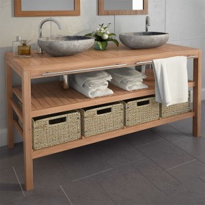 Mueble tocador madera teca maciza con lavabos de piedra de río D