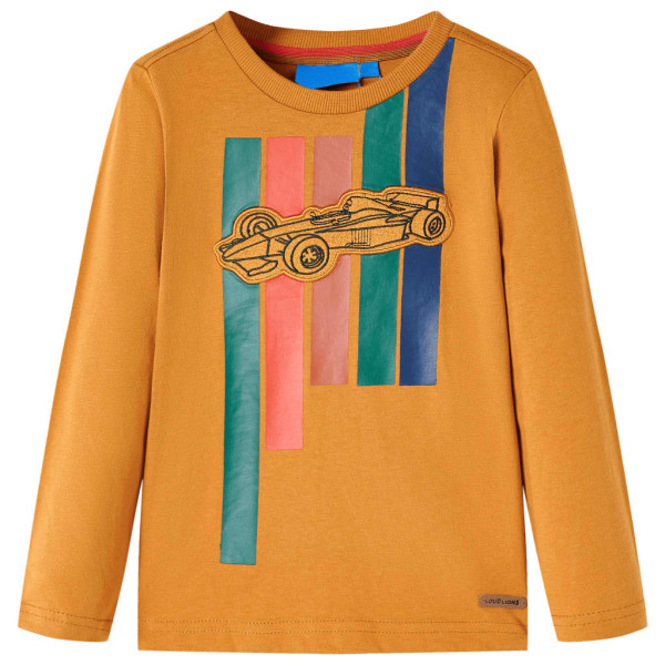 Camiseta de niños manga larga estampado coche carreras ocre oscuro 140 D