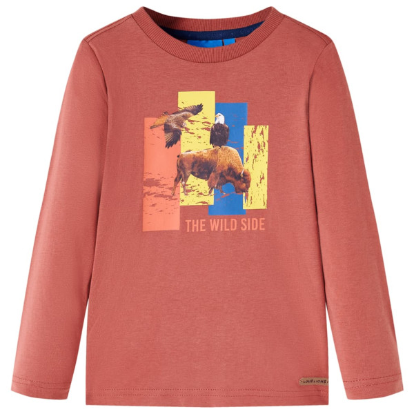 Camiseta para niños manga larga estampado res y pájaros color henna 92 D