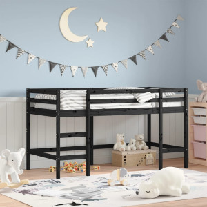 Cama alta infantil escada madeira maciça pinho preto 90x200 cm D